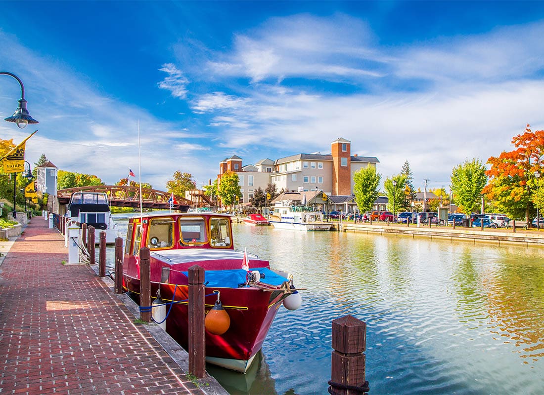 Fairport, NY - Colorful Boats and Trees at the Fairport Erie Canal